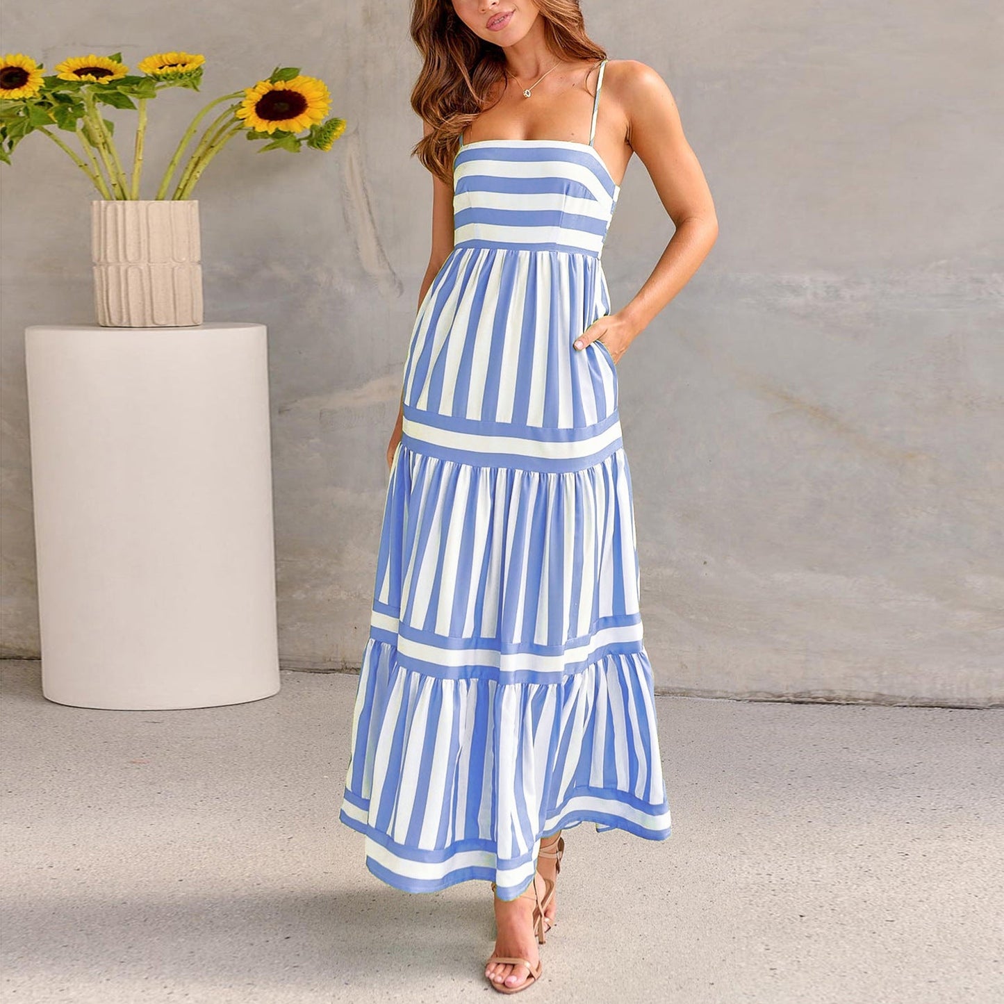 Robe longue à fines bretelles femme | Robe fluide pour l'été