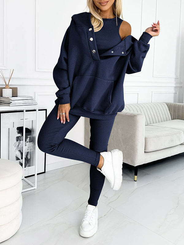 Ensemble vêtements de sport et vêtements de yoga trois pièces femme - (débardeur, legging, sweat à capuche)