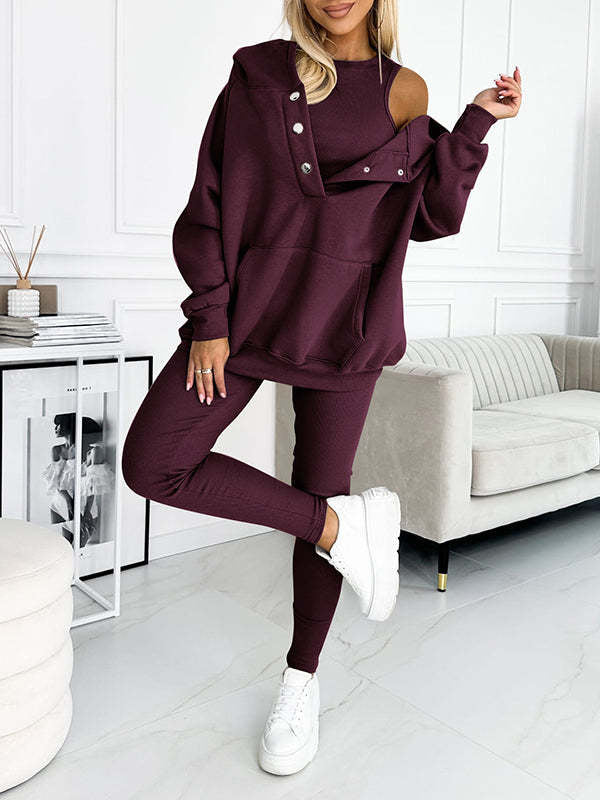 Ensemble vêtements de sport et vêtements de yoga trois pièces femme - (débardeur, legging, sweat à capuche)