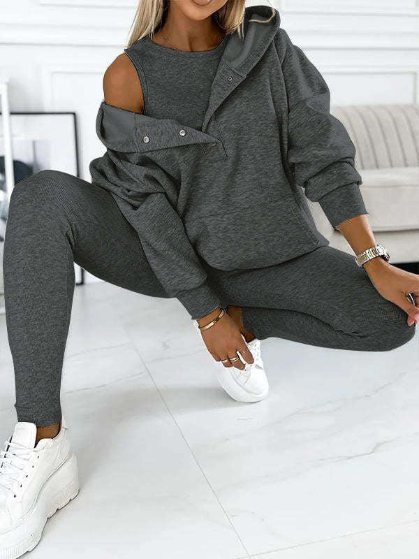 Ensemble vêtements de sport et vêtements de yoga trois pièces femme - (débardeur, legging, sweat à capuche)
