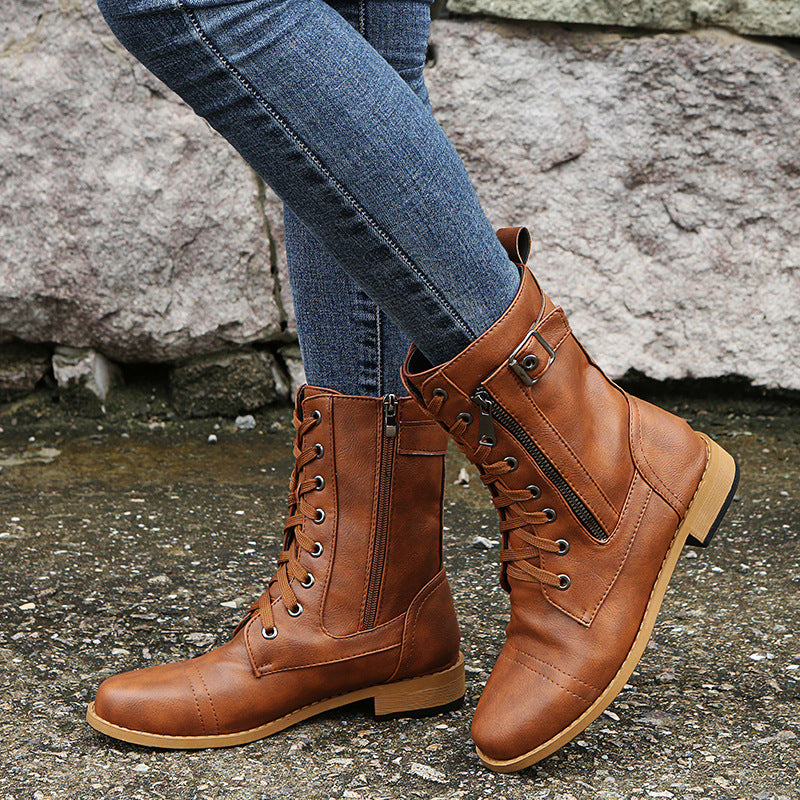 Bottes à Lacets en Similicuir avec Zip Latéral