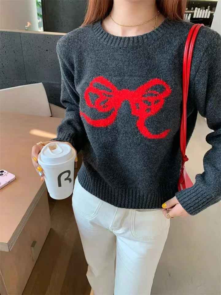 Pull Jacquard "Retro Ribbon" – Style Coréen et Mailles Douces