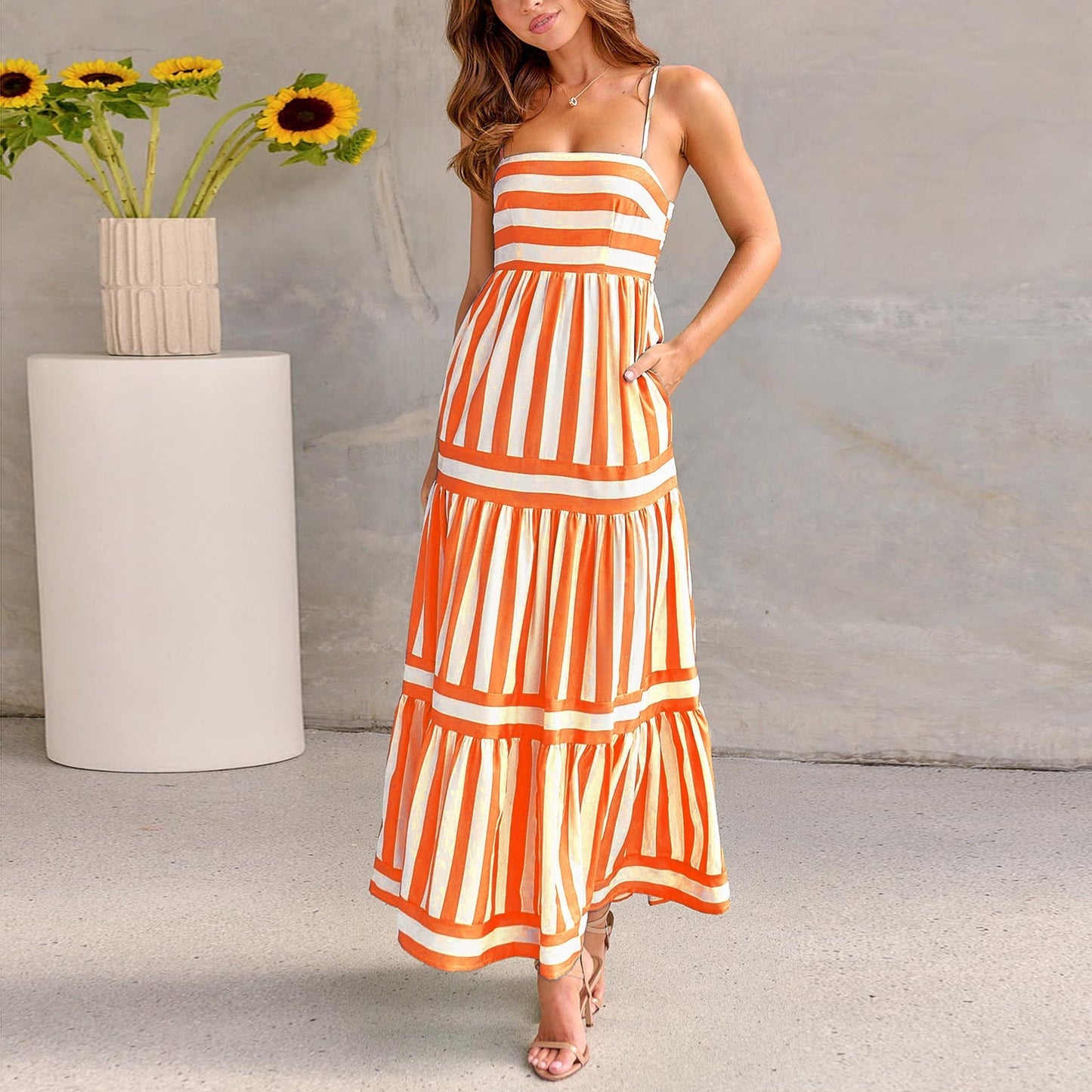 Robe longue à fines bretelles femme | Robe fluide pour l'été