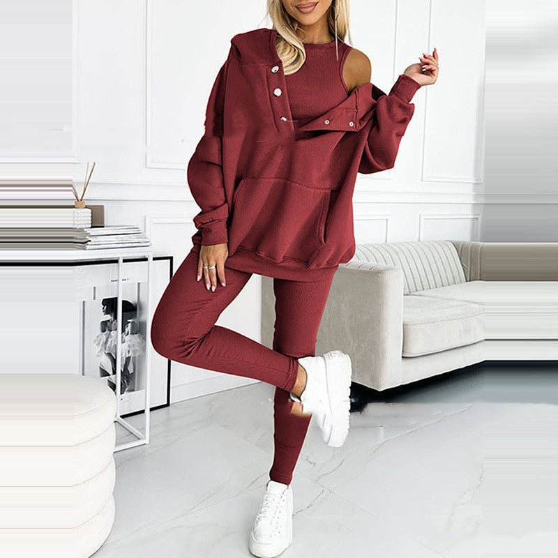 Ensemble vêtements de sport et vêtements de yoga trois pièces femme - (débardeur, legging, sweat à capuche)