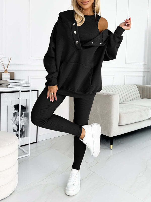 Ensemble vêtements de sport et vêtements de yoga trois pièces femme - (débardeur, legging, sweat à capuche)