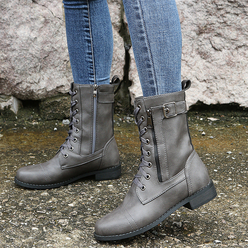 Bottes à Lacets en Similicuir avec Zip Latéral