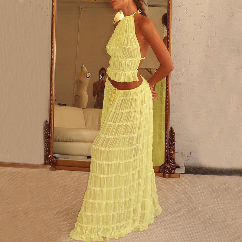 Ensemble Robe Femme Haute Allure – Haut Halter Échancré & Jupe Longue Plissée
