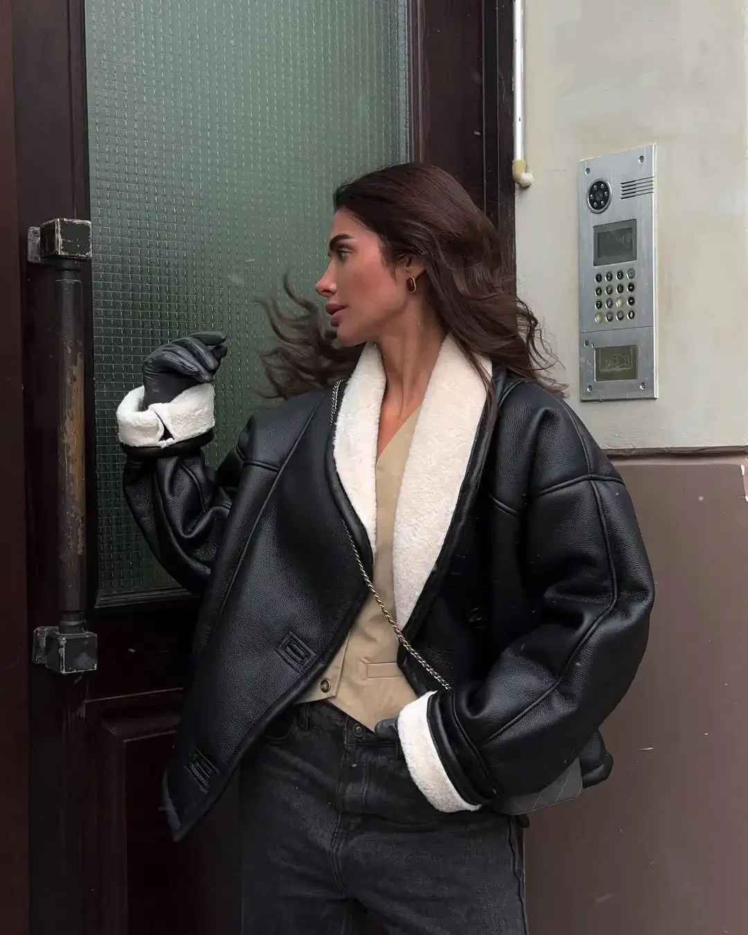 Blouson Aviateur en Patchwork – Cuir PU et Laine d'Agneau Sherpa