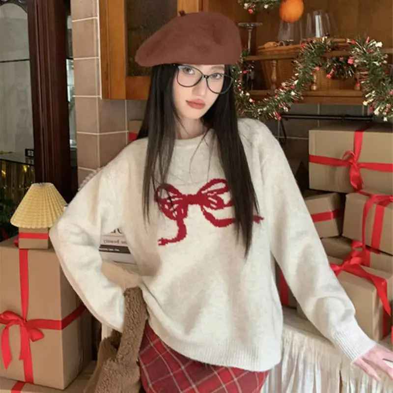 Pull Jacquard "Retro Ribbon" – Style Coréen et Mailles Douces