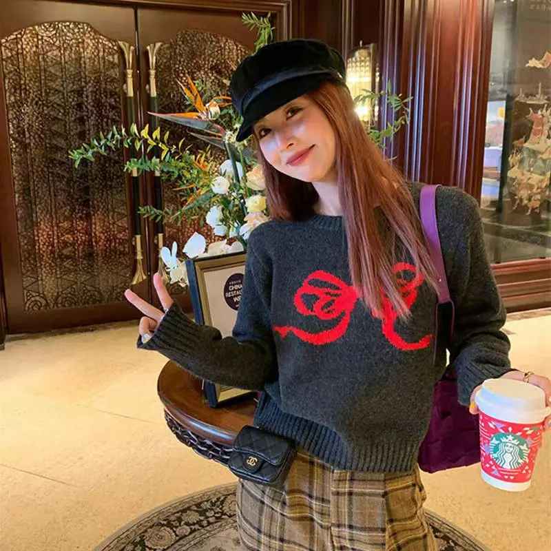 Pull Jacquard "Retro Ribbon" – Style Coréen et Mailles Douces