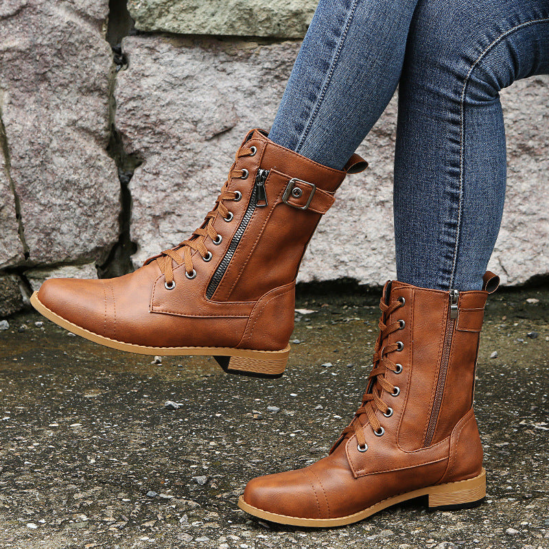 Bottes à Lacets en Similicuir avec Zip Latéral