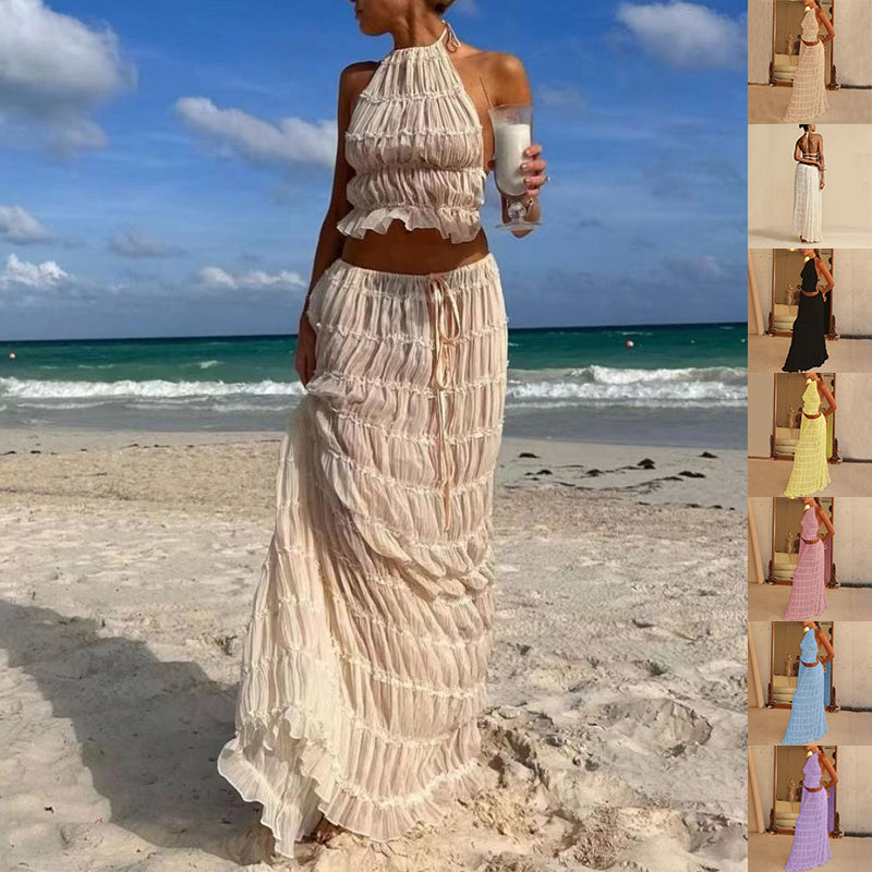 Ensemble Robe Femme Haute Allure – Haut Halter Échancré & Jupe Longue Plissée