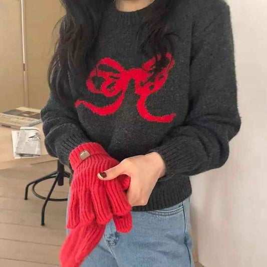 Pull Jacquard "Retro Ribbon" – Style Coréen et Mailles Douces