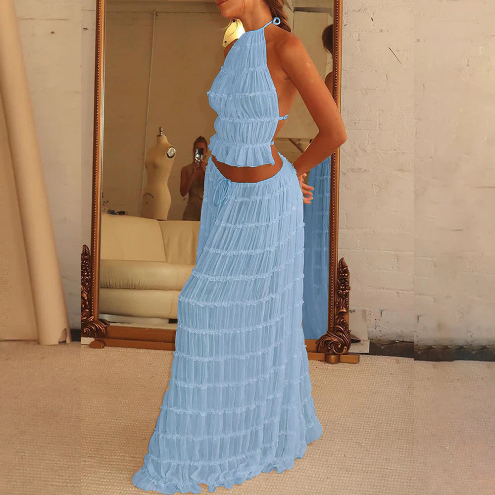Ensemble Robe Femme Haute Allure – Haut Halter Échancré & Jupe Longue Plissée