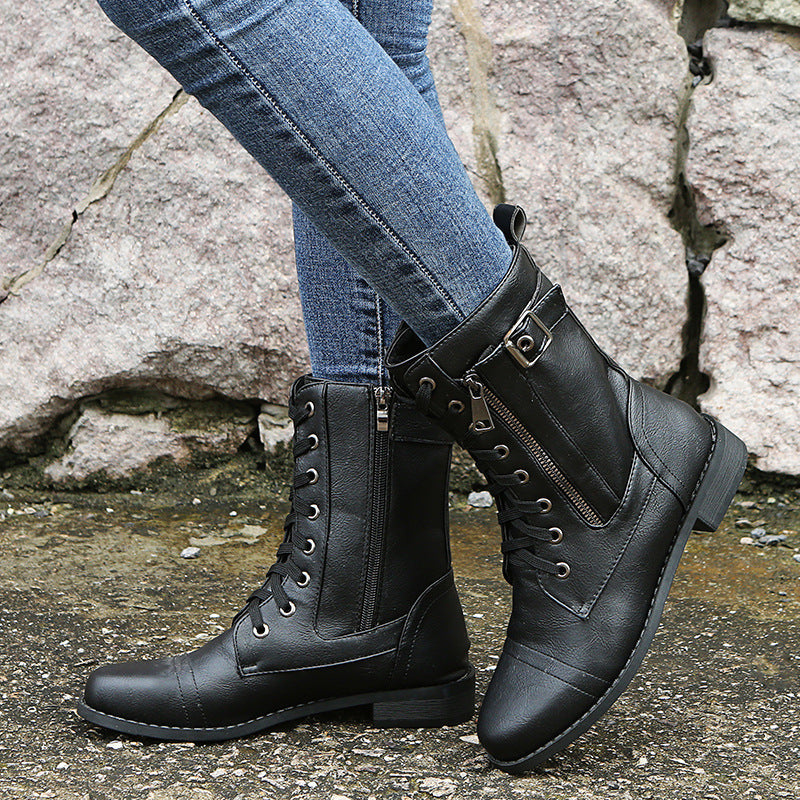 Bottes à Lacets en Similicuir avec Zip Latéral