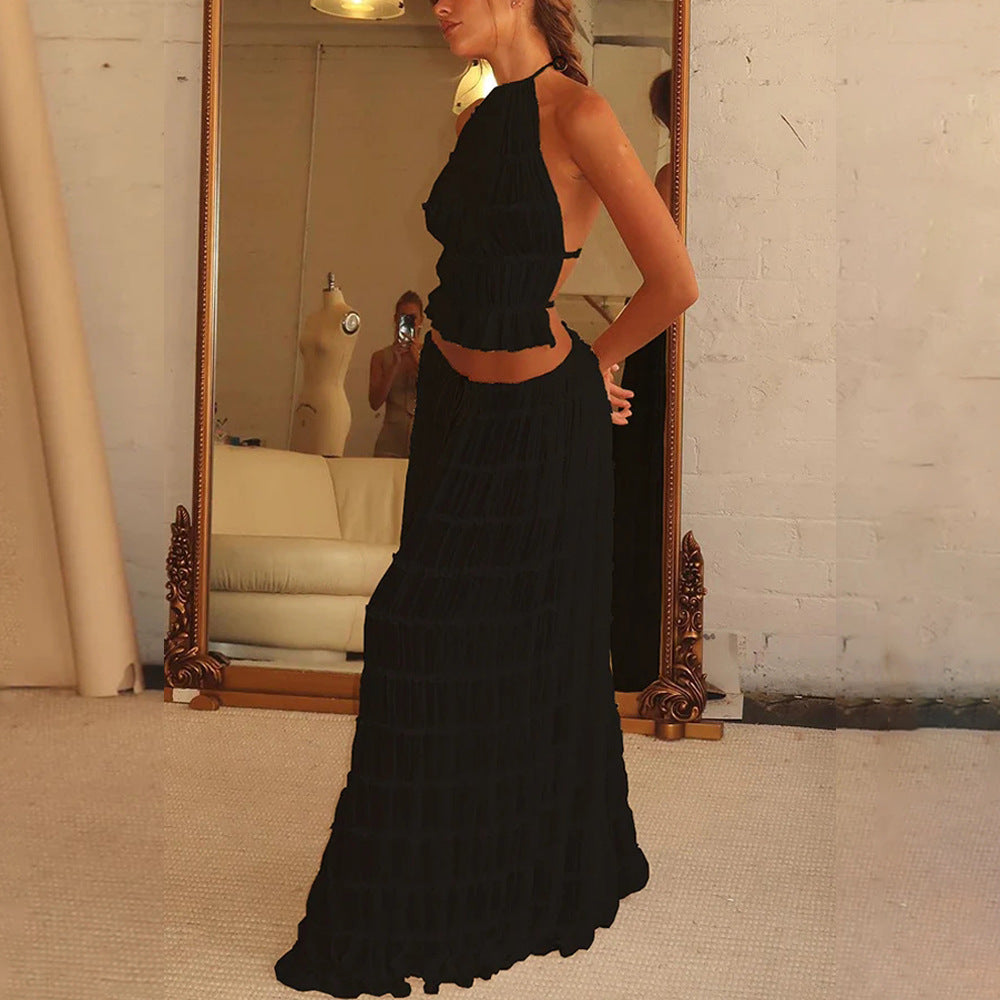 Ensemble Robe Femme Haute Allure – Haut Halter Échancré & Jupe Longue Plissée
