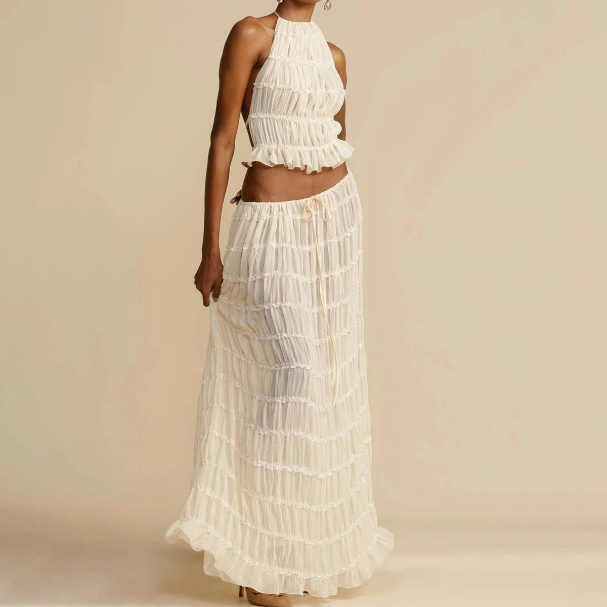 Ensemble Robe Femme Haute Allure – Haut Halter Échancré & Jupe Longue Plissée