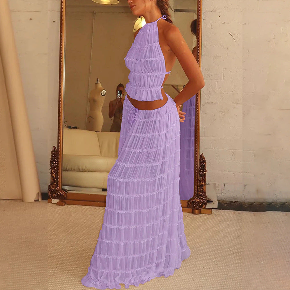 Ensemble Robe Femme Haute Allure – Haut Halter Échancré & Jupe Longue Plissée