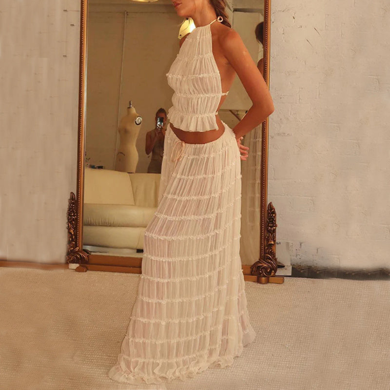 Ensemble Robe Femme Haute Allure – Haut Halter Échancré & Jupe Longue Plissée