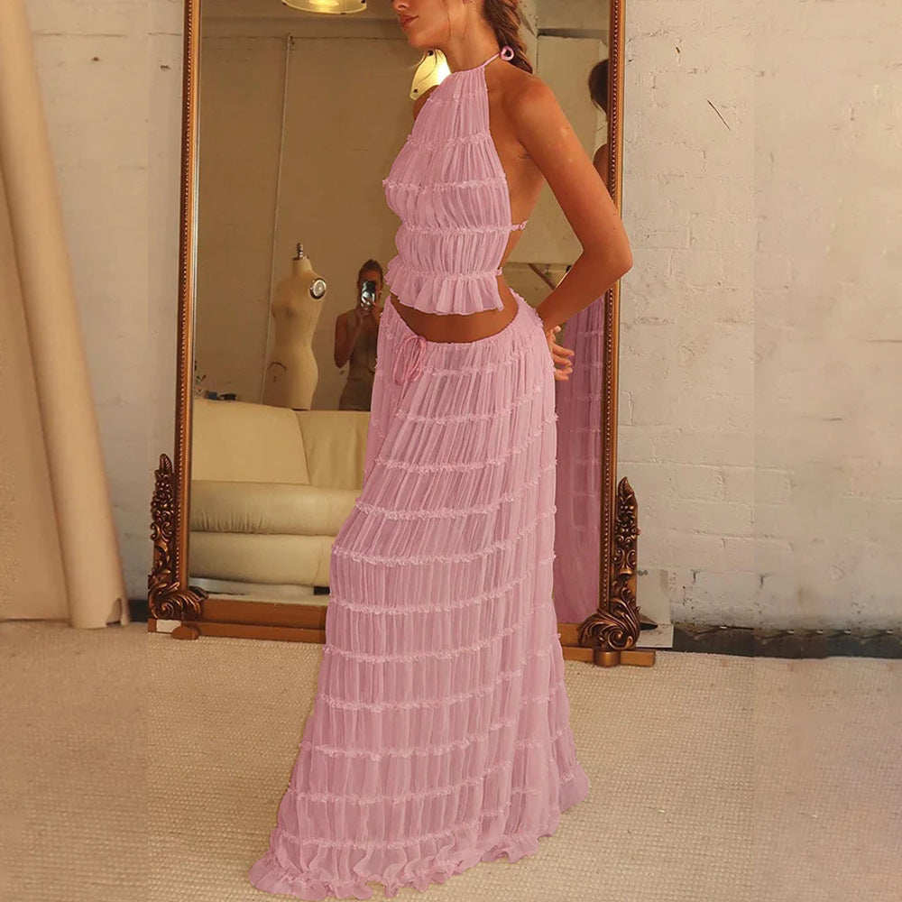 Ensemble Robe Femme Haute Allure – Haut Halter Échancré & Jupe Longue Plissée